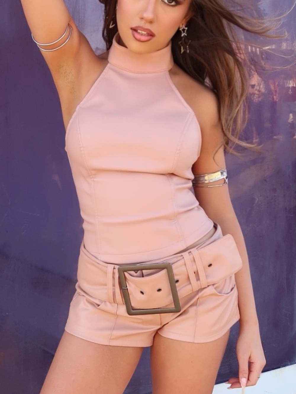 Light pink leather halter top & micro shorts SET